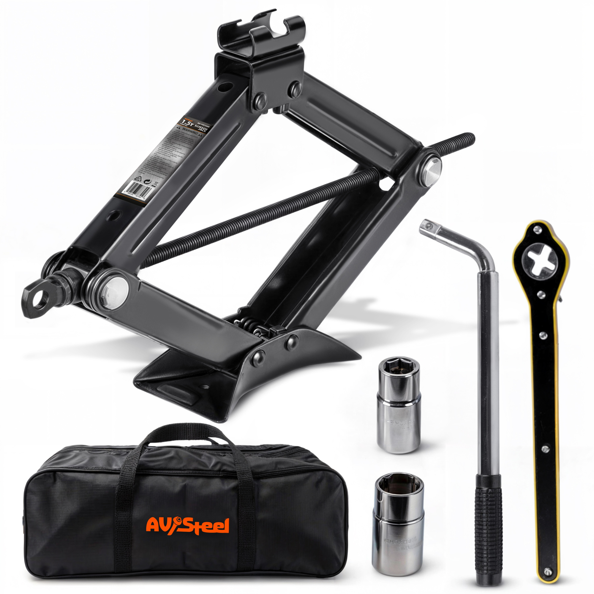 AV Steel Scissor Jack Kit — 1.5 Ton Capacity, Ratcheting Handle, Sockets, Model# AV-150103S